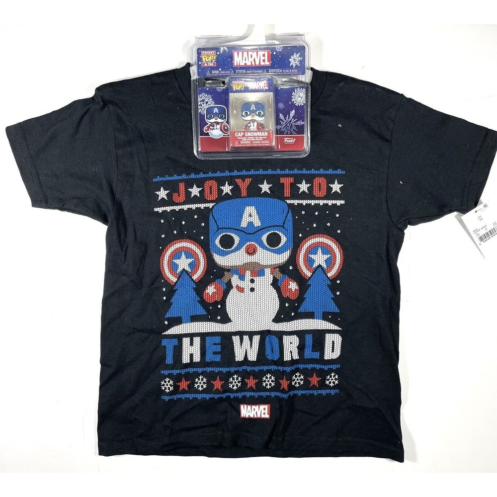Marvel Captain America Boys Joy To The World Black T-shirt Mini Funko Pop XS